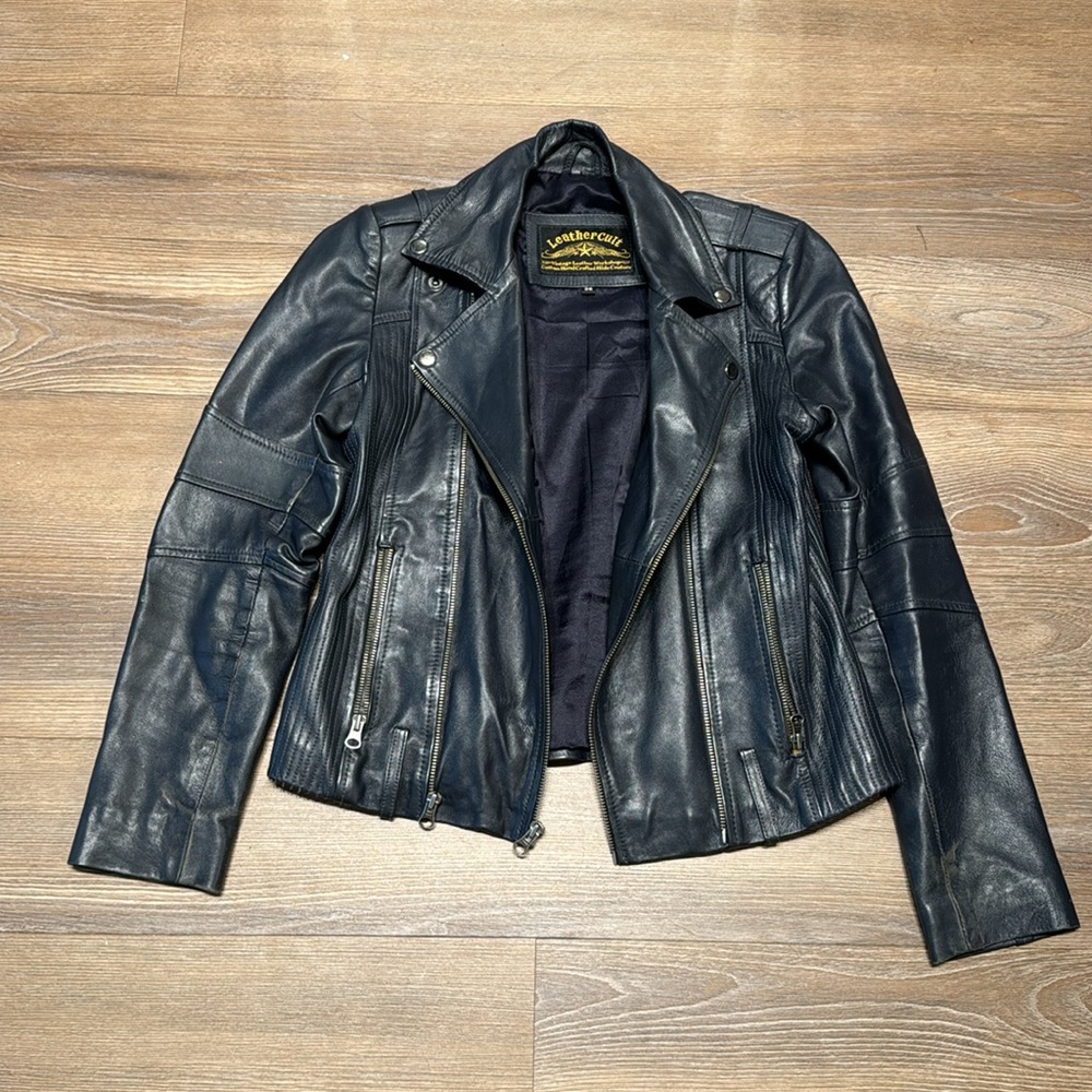 Blue leather Moto jacket - Picture 4 of 5
